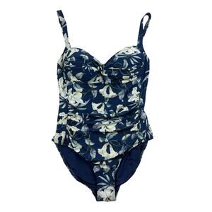 Nip Tuck Swimsuit One Piece Womens 10 Blue White Lilies MultiFit Cup Twist Front
